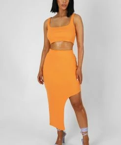 Public Desire UK Extreme Split Ribbed Midi Skirt Mango KAIIA CLOTHING