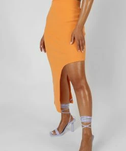 Public Desire UK Extreme Split Ribbed Midi Skirt Mango KAIIA CLOTHING