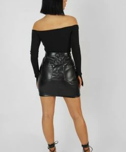 Public Desire UK KAIIA CLOTHING Ruched Front Bardot Ribbed Top Black