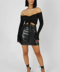 Public Desire UK KAIIA CLOTHING Ruched Front Bardot Ribbed Top Black
