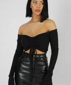 Public Desire UK KAIIA CLOTHING Ruched Front Bardot Ribbed Top Black
