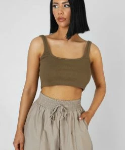 Public Desire UK Square Neck Ribbed Crop Top Khaki