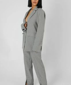 Public Desire UK Houndstooth Straight Leg Split Hem Trousers KAIIA CLOTHING