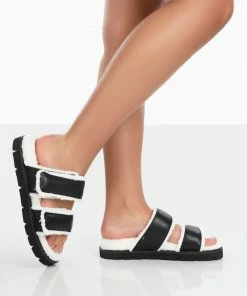 Public Desire UK NEW IN Rinc Black Pu Faux Fur Slide Sandals 6 Public Desire UK NEW IN Rinc Black Pu Faux Fur Slide Sandals