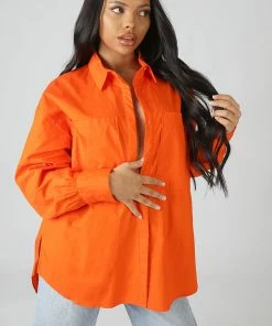 Public Desire UK Oversized Pocket Poplin Shirt Orange KAIIA CLOTHING