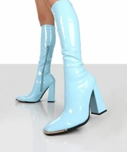 Public Desire UK Caryn Blue Patent Knee High Heeled Boots Long Boots