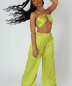 Public Desire UK Wide Leg Satin Trousers Lime KAIIA CLOTHING