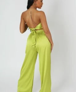 Public Desire UK Wide Leg Satin Trousers Lime KAIIA CLOTHING