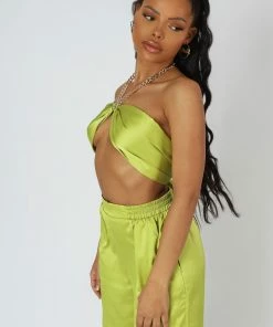 Public Desire UK Satin Chain Halterneck Top Lime