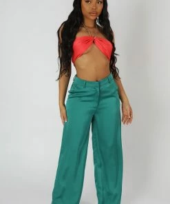Public Desire UK Wide Leg Split Hem Satin Tailored Trousers Green KAIIA CLOTHING