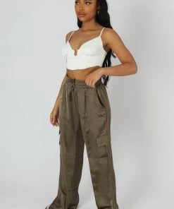 Public Desire UK Split Hem Satin Elasticated Waist Wide Leg Cargo Trousers Khaki KAIIA CLOTHING