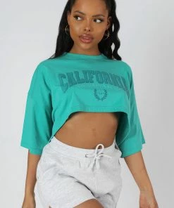 Public Desire UK California Super Crop T-Shirt Turquoise