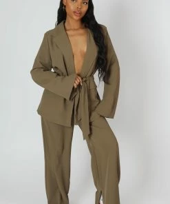 Public Desire UK KAIIA CLOTHING Tie Waist Blazer Khaki