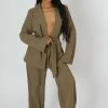 Public Desire UK Split Hem Wide Leg Tailored Trousers Khaki