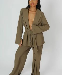 Public Desire UK KAIIA CLOTHING Tie Waist Blazer Khaki