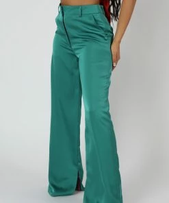 Public Desire UK Wide Leg Split Hem Satin Tailored Trousers Green KAIIA CLOTHING