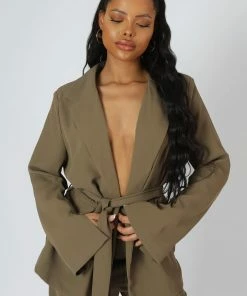 Public Desire UK KAIIA CLOTHING Tie Waist Blazer Khaki