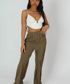 Public Desire UK Split Hem Wide Leg Tailored Trousers Khaki
