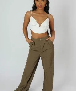 Public Desire UK Split Hem Wide Leg Tailored Trousers Khaki