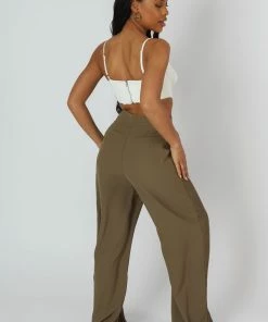 Public Desire UK Split Hem Wide Leg Tailored Trousers Khaki