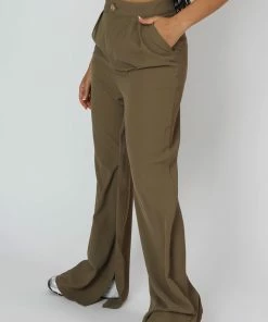 Public Desire UK Split Hem Wide Leg Tailored Trousers Khaki