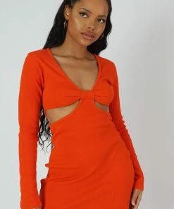 Public Desire UK KAIIA CLOTHING Waist Cut Out Long Sleeve Mini Dress Orange