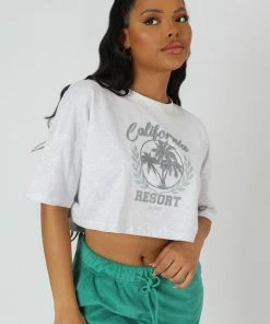 Public Desire UK KAIIA CLOTHING California Resort Cropped T-Shirt Oatmeal Marl