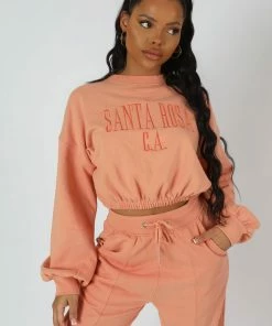Public Desire UK Santa Rosa Gathered Hem Cropped Sweatshirt Peach