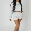 Public Desire UK KAIIA CLOTHING High Waisted Slogan Drawstring Mini Shorts Oatmeal Marl