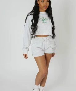 Public Desire UK KAIIA CLOTHING High Waisted Slogan Drawstring Mini Shorts Oatmeal Marl