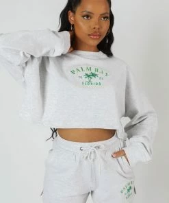 Public Desire UK KAIIA CLOTHING Cropped Slogan Oversized Sweater Oatmeal Marl