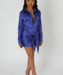 Public Desire UK Tie Waist Satin Shirt Dress Purple KAIIA CLOTHING