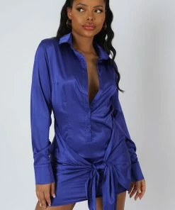 Public Desire UK Tie Waist Satin Shirt Dress Purple KAIIA CLOTHING