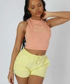 Public Desire UK Palm Beach Embroidered Racer Crop Top Peach KAIIA CLOTHING