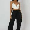 Public Desire UK Split Hem Satin Elasticated Waist Wide Leg Cargo Trousers Black
