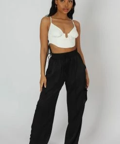 Public Desire UK Split Hem Satin Elasticated Waist Wide Leg Cargo Trousers Black