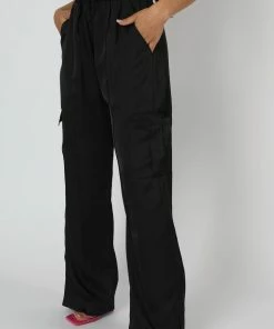 Public Desire UK Split Hem Satin Elasticated Waist Wide Leg Cargo Trousers Black