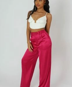 Public Desire UK KAIIA CLOTHING Satin Wide Leg Tailored Trousers Pink