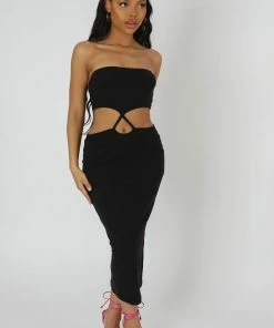 Public Desire UK Strapless Bandeau Cut Out Detail Midi Dress Black KAIIA CLOTHING