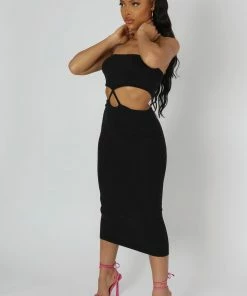 Public Desire UK Strapless Bandeau Cut Out Detail Midi Dress Black KAIIA CLOTHING