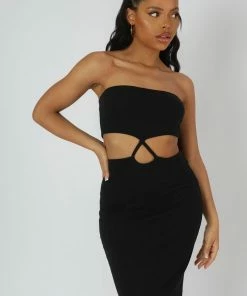 Public Desire UK Strapless Bandeau Cut Out Detail Midi Dress Black KAIIA CLOTHING