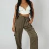 Public Desire UK Split Hem Satin Elasticated Waist Wide Leg Cargo Trousers Khaki KAIIA CLOTHING