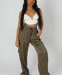 Public Desire UK Split Hem Satin Elasticated Waist Wide Leg Cargo Trousers Khaki KAIIA CLOTHING