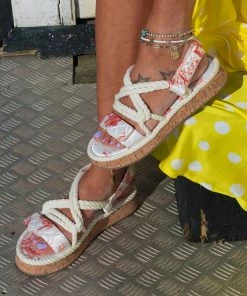 Public Desire UK Miami Red Print Rope Flatform Lace Up Sandals