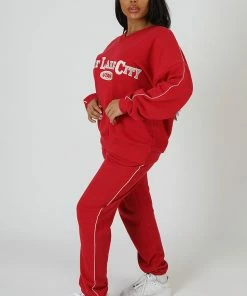 Public Desire UK Oversized Varsity Piping Detail Sweatshirt Red