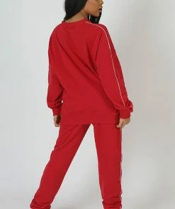 Public Desire UK Oversized Varsity Piping Detail Sweatshirt Red