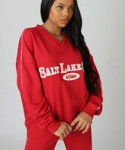Public Desire UK Oversized Varsity Piping Detail Sweatshirt Red