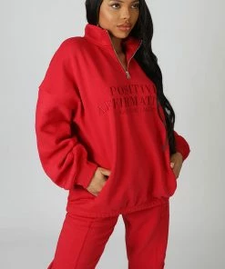 Public Desire UK KAIIA CLOTHING Half Zip Tonal Embroidered Sweatshirt Red