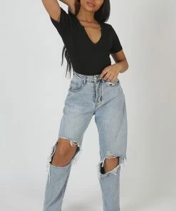 Public Desire UK KAIIA CLOTHING Knotch Front Short Sleeve Ribbed Bodysuit Black