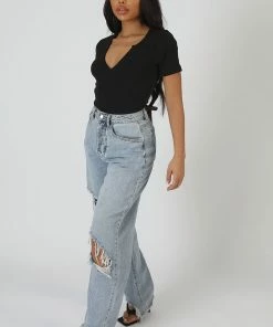 Public Desire UK KAIIA CLOTHING Knotch Front Short Sleeve Ribbed Bodysuit Black